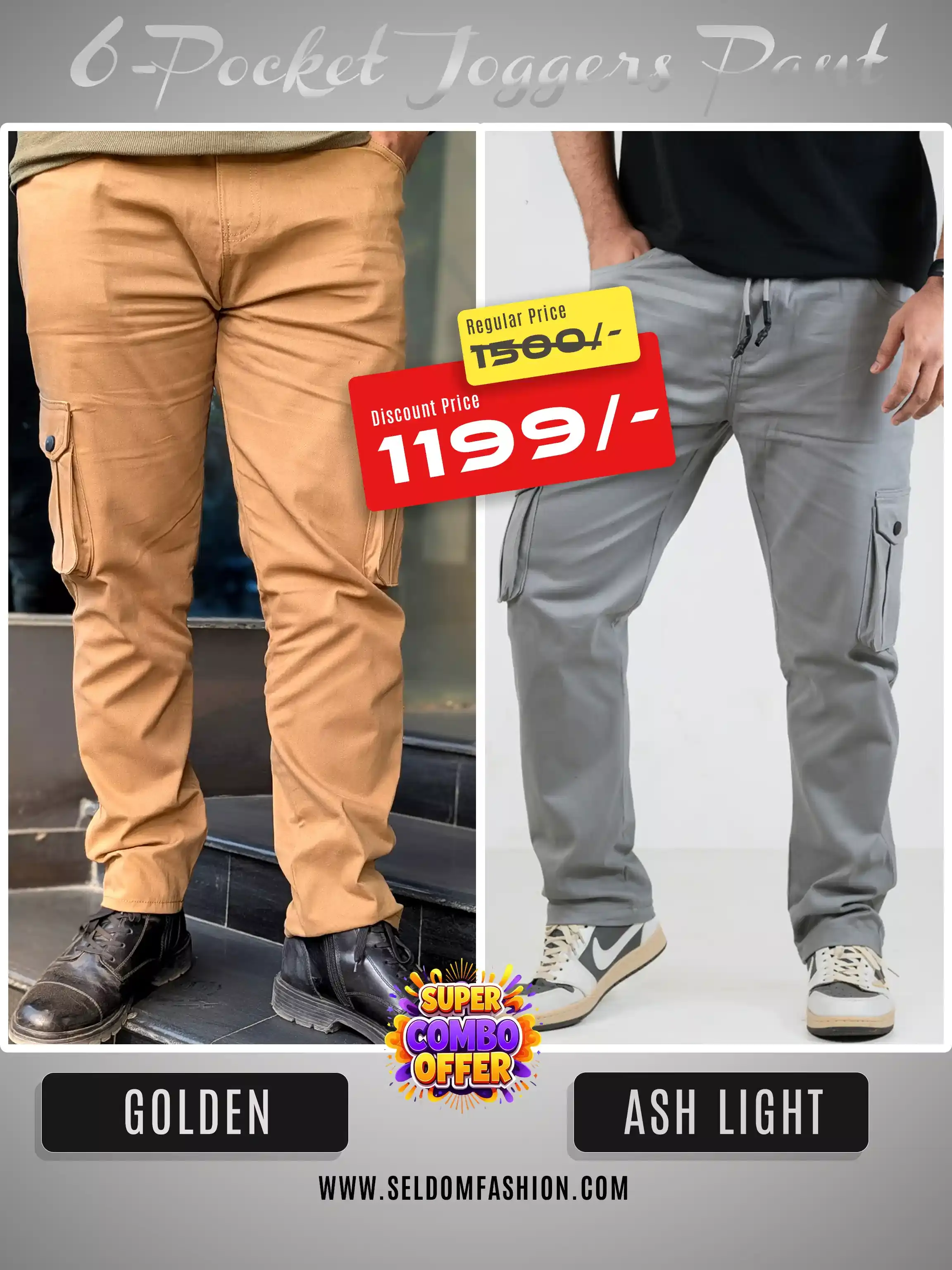 Ash Light + Golden 6 Pocket Joggers Combo Pant - 98% Cotton