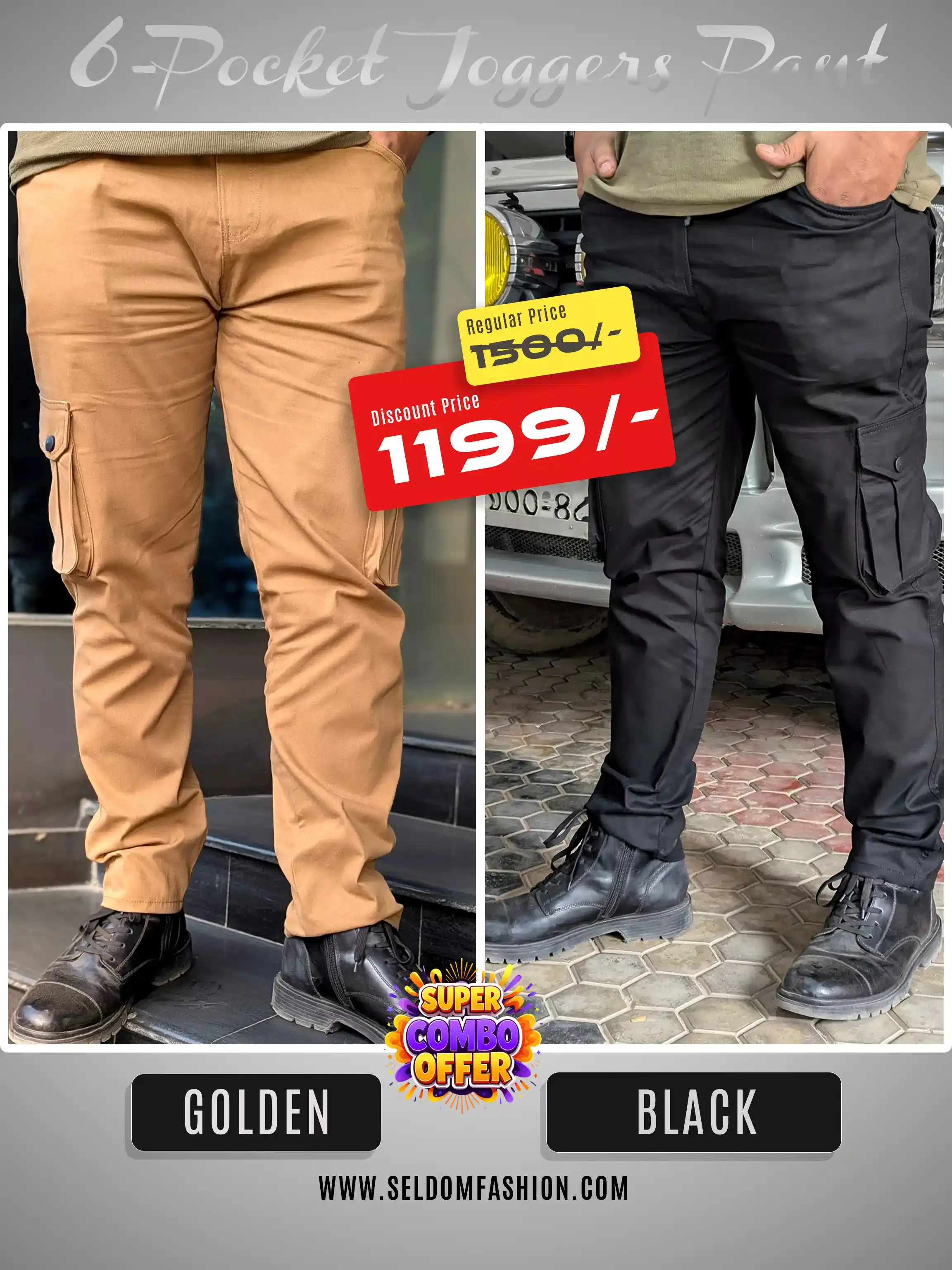 Black + Golden 6 Pocket Joggers Combo Pant - 98% Cotton
