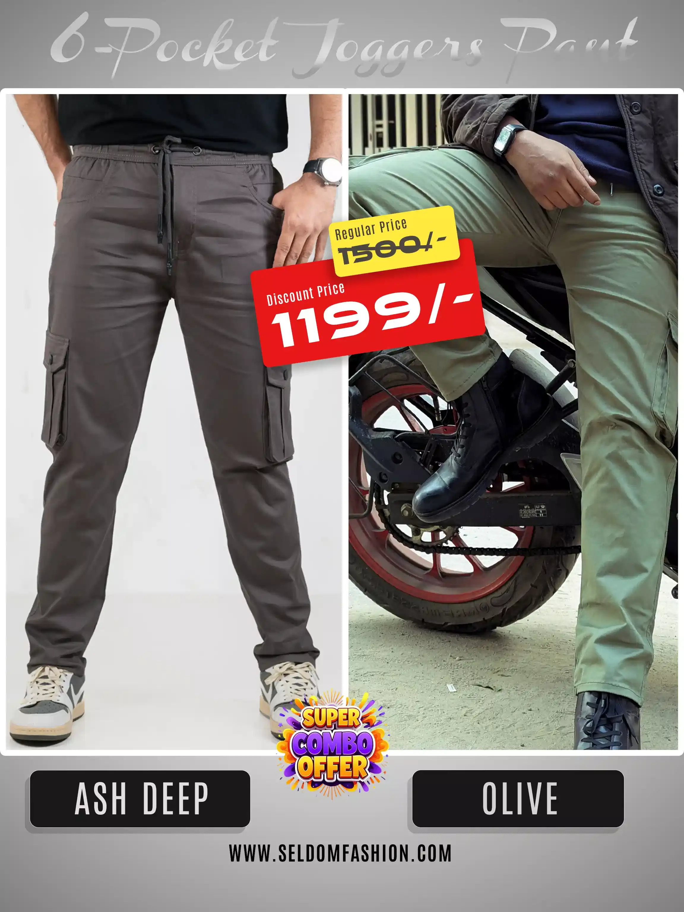 Ash Deep + Olive 6 Pocket Joggers Combo Pant - 98% Cotton