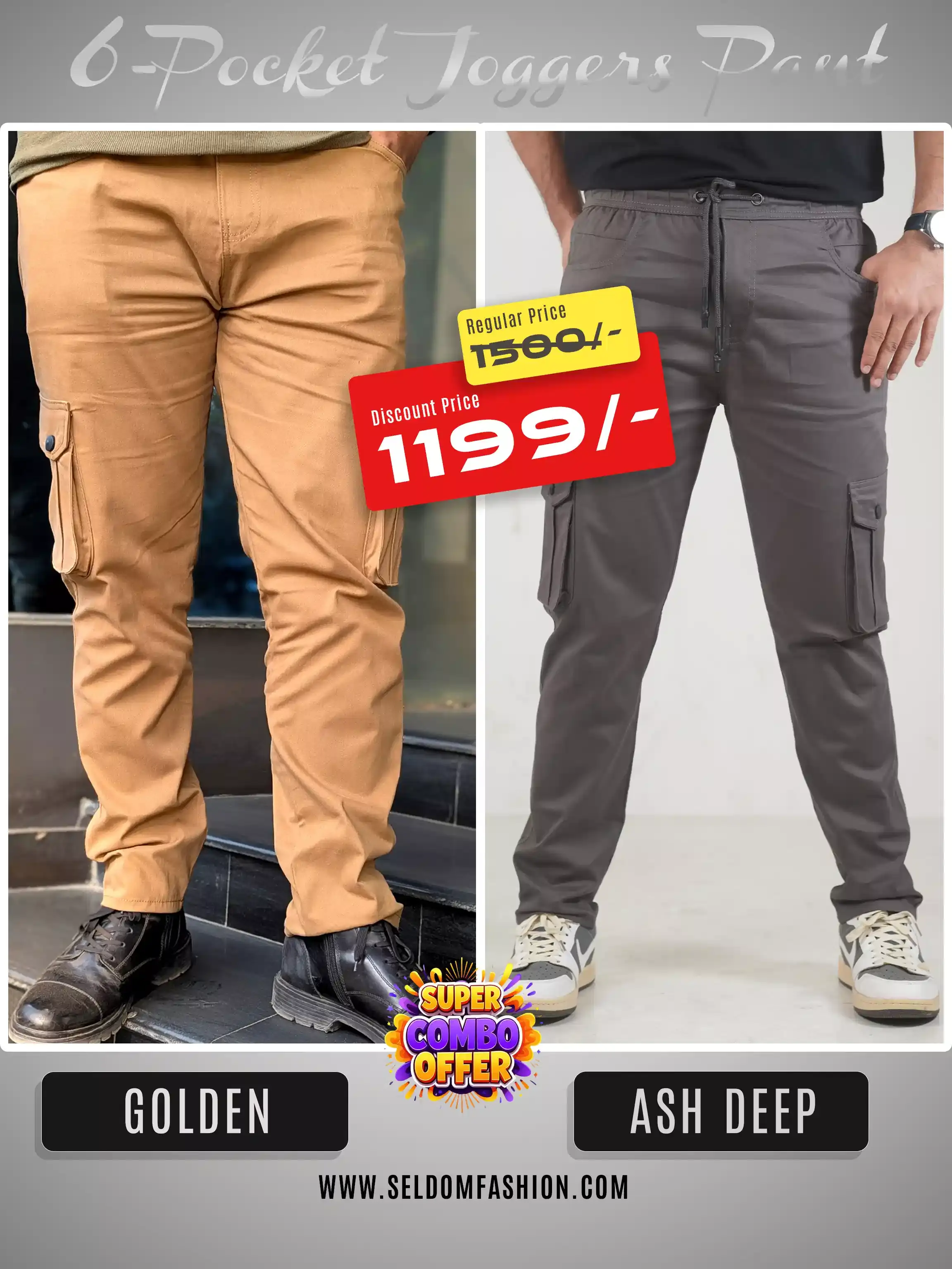 Ash Deep + Golden 6 Pocket Joggers Combo Pant - 98% Cotton