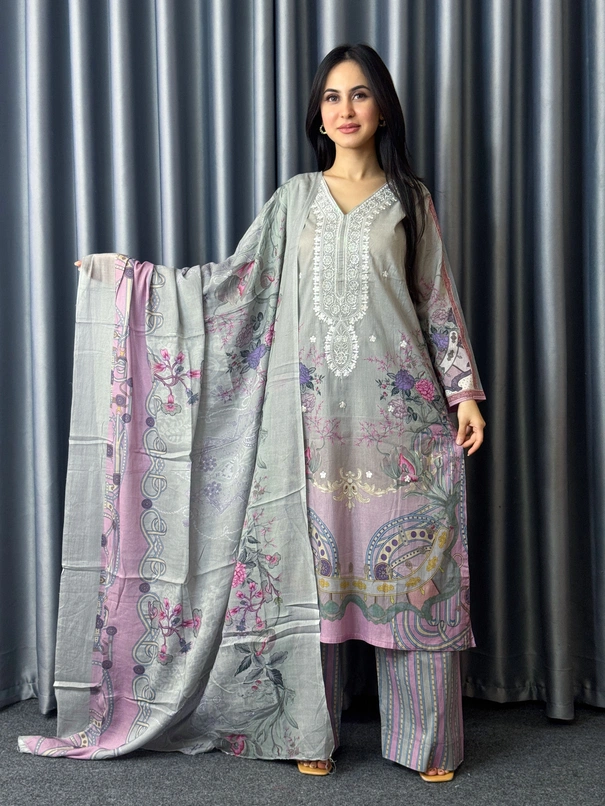 Mehrunnisa – Silver Unstitched 3-Piece Dress